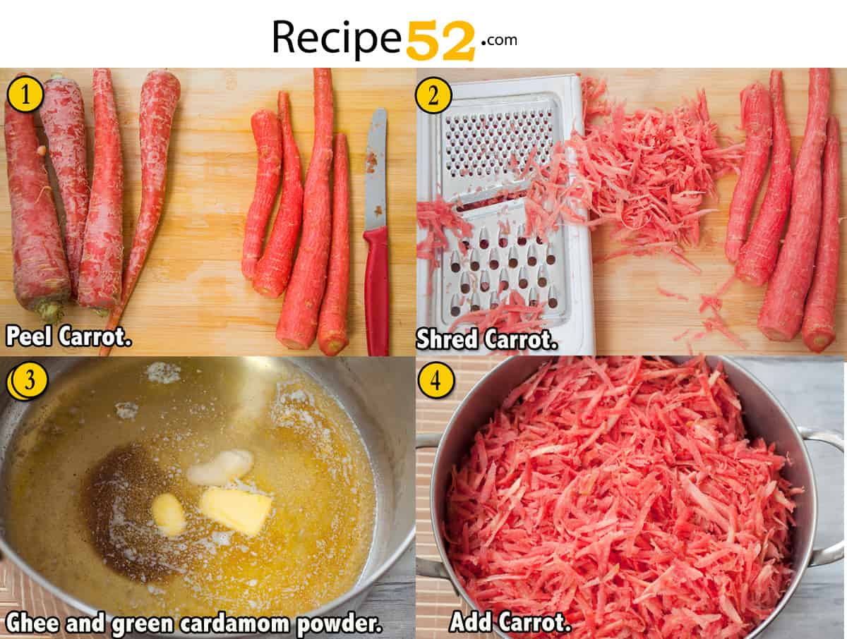 Steps to prepare carrots for halwa.