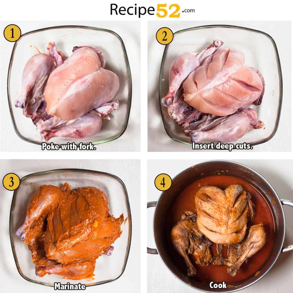 Steps to marinate and cook chicken.