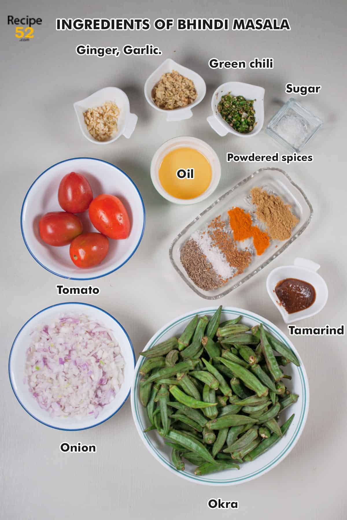Ingredients of bhindi masala on the white background.
