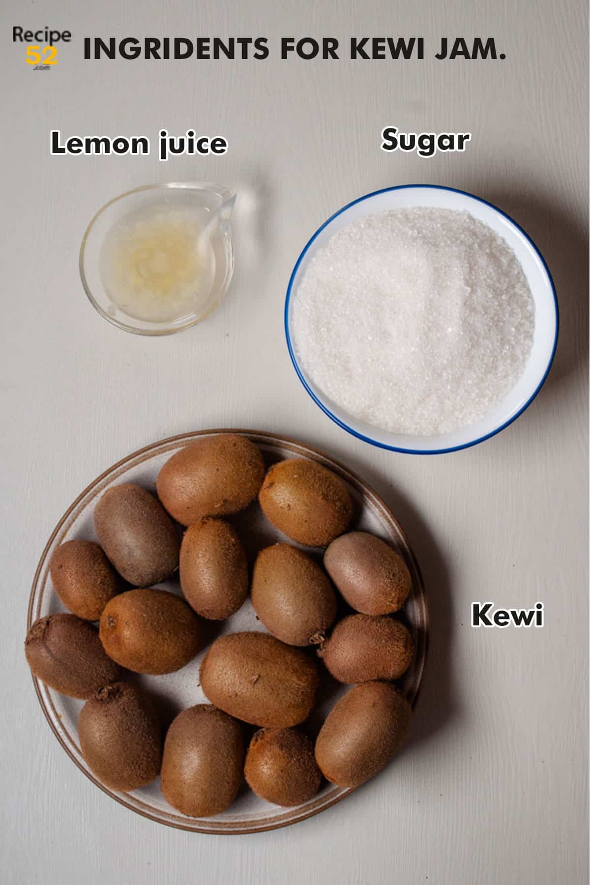 Ingredients of kiwi jam on the white background.