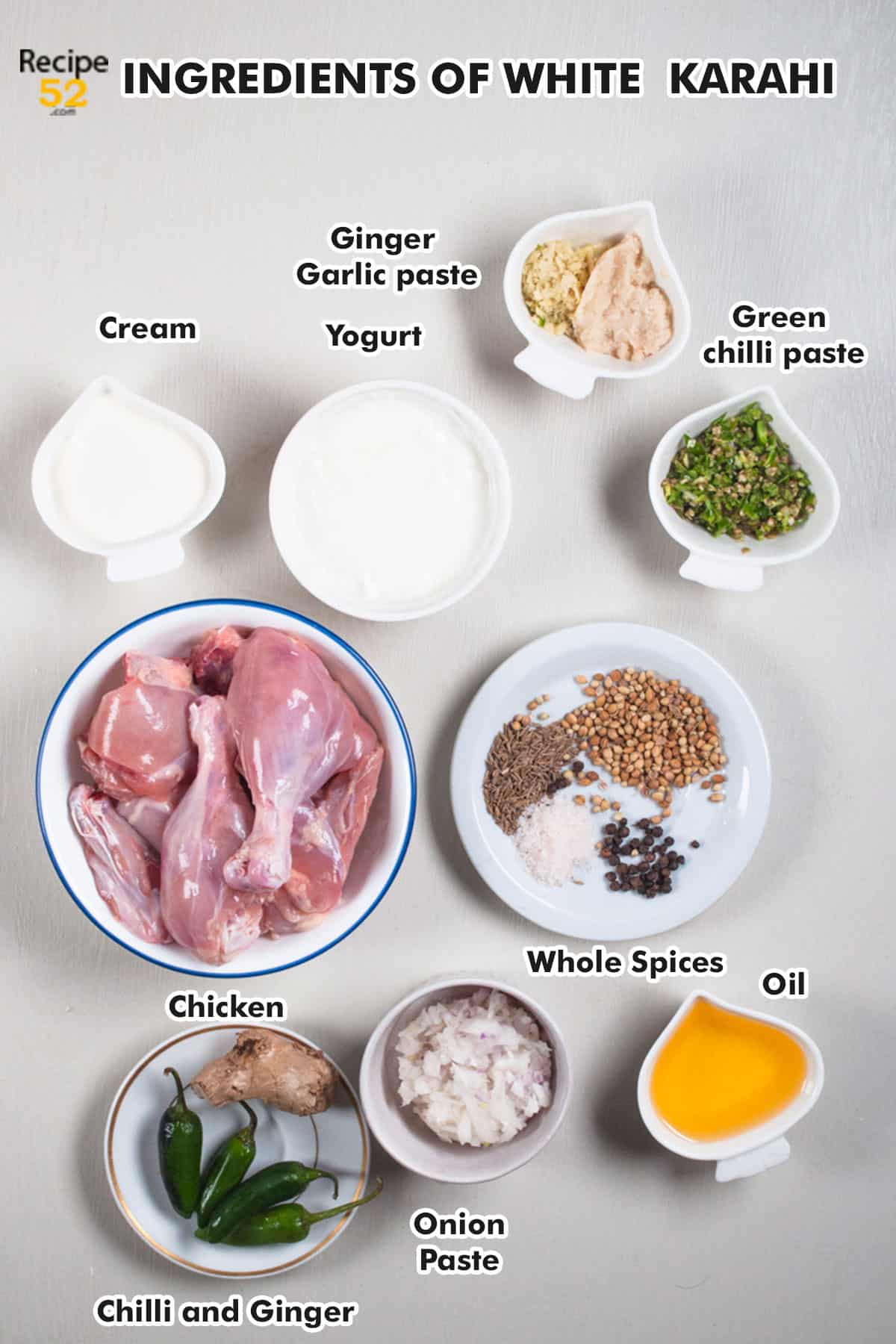 Ingredients of white karahi on white background.