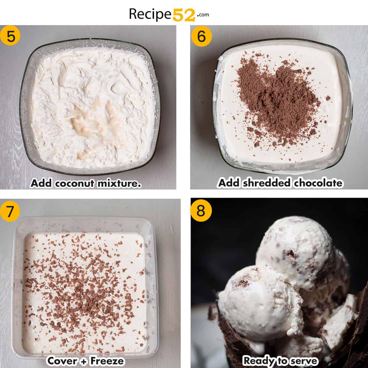 A collage of steps to add chocolate and freeze no churn ice cream.