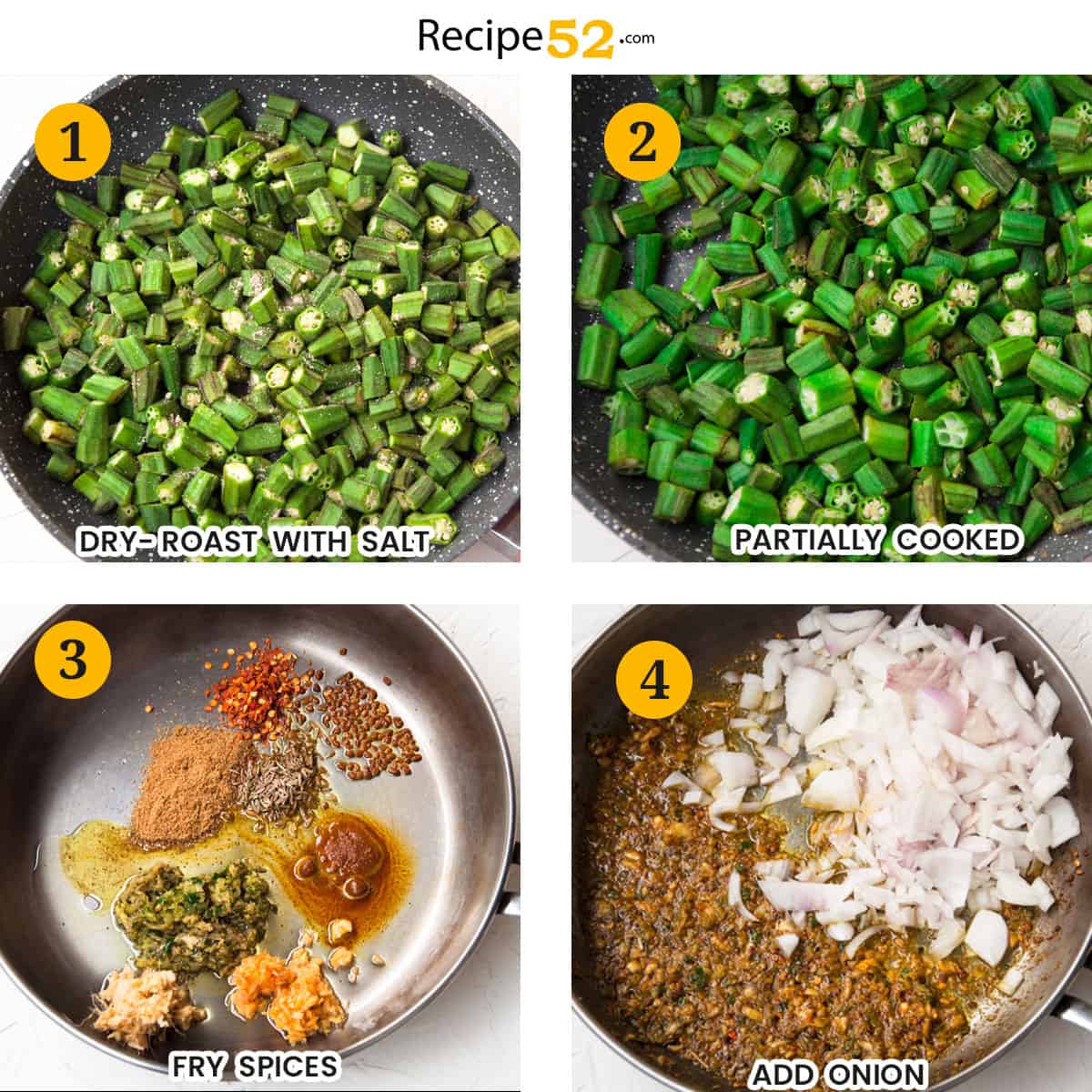 A collage steps to roast okra, and prepare tempering.