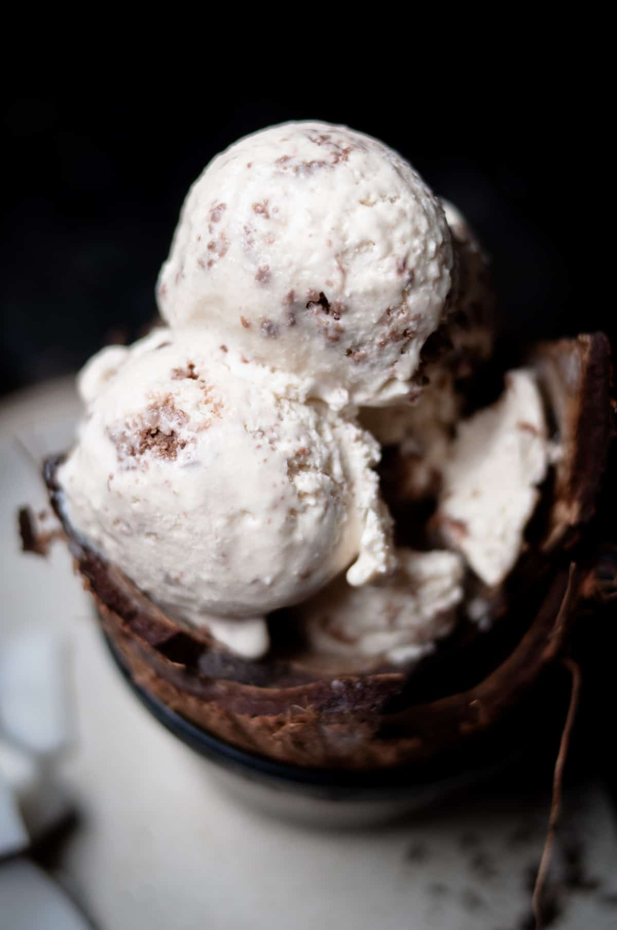 A close up shot of rich creamy coconut bounty ice cream.