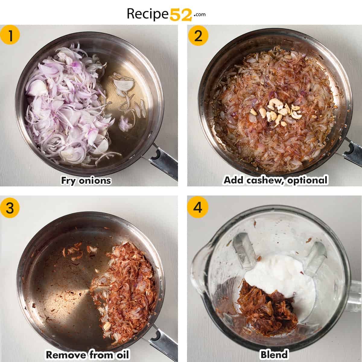 A college of steps to show frying to chicken korma.