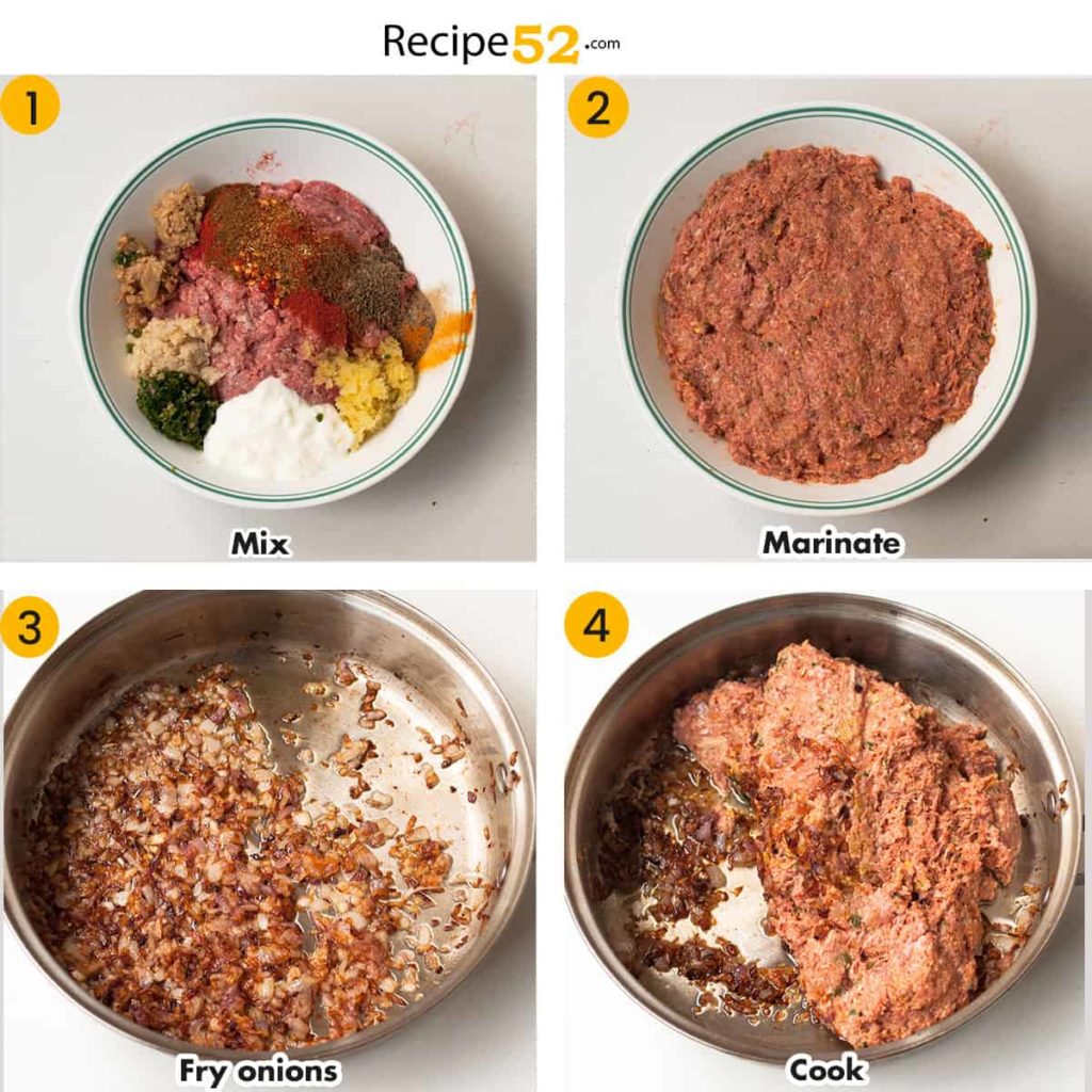 A collage of steps to marinate ground meat and fry onions.