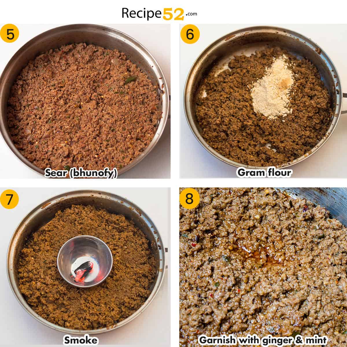 A collage of steps to fry and smoke keema.