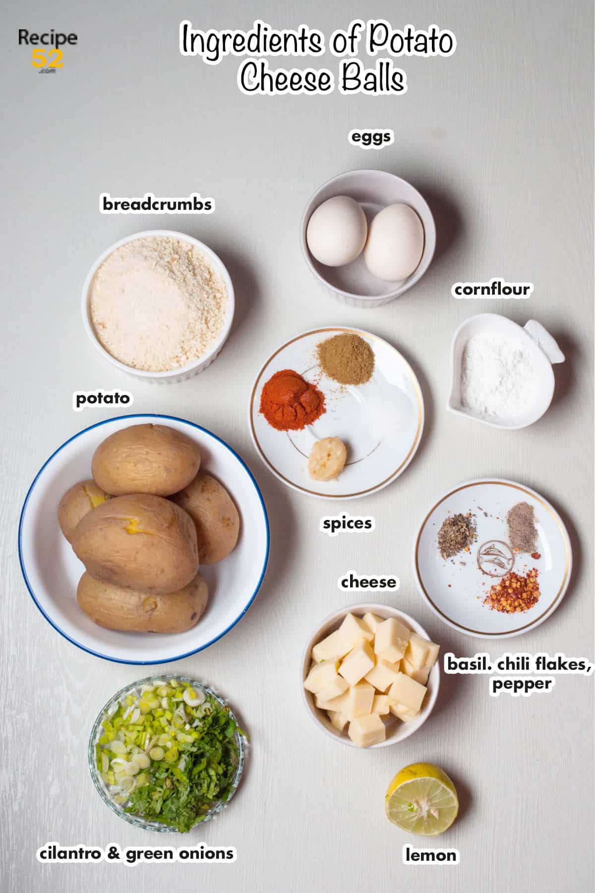 Ingredients of potato cheese balls on a white background with clear labels.