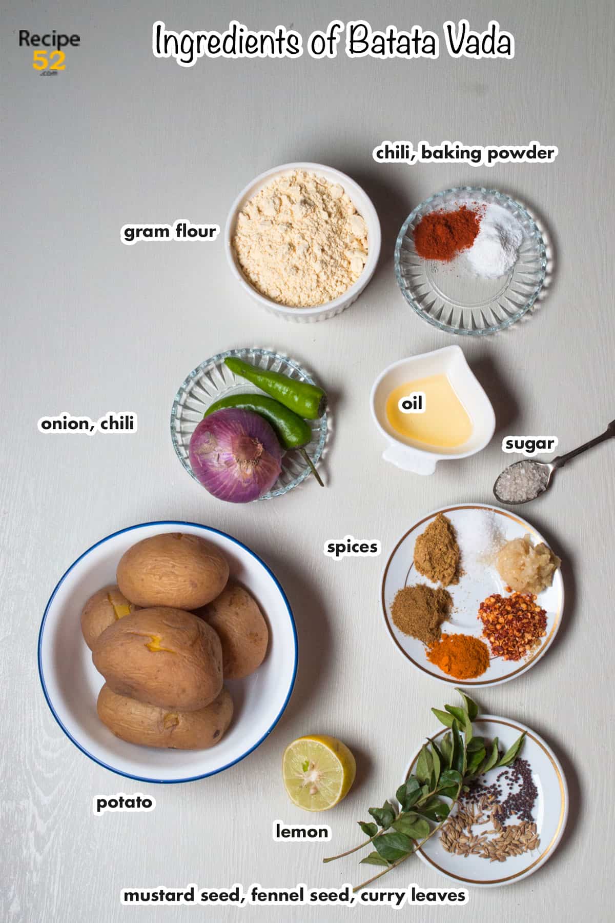 Ingredients of batata vada on the white background with marked labelling.