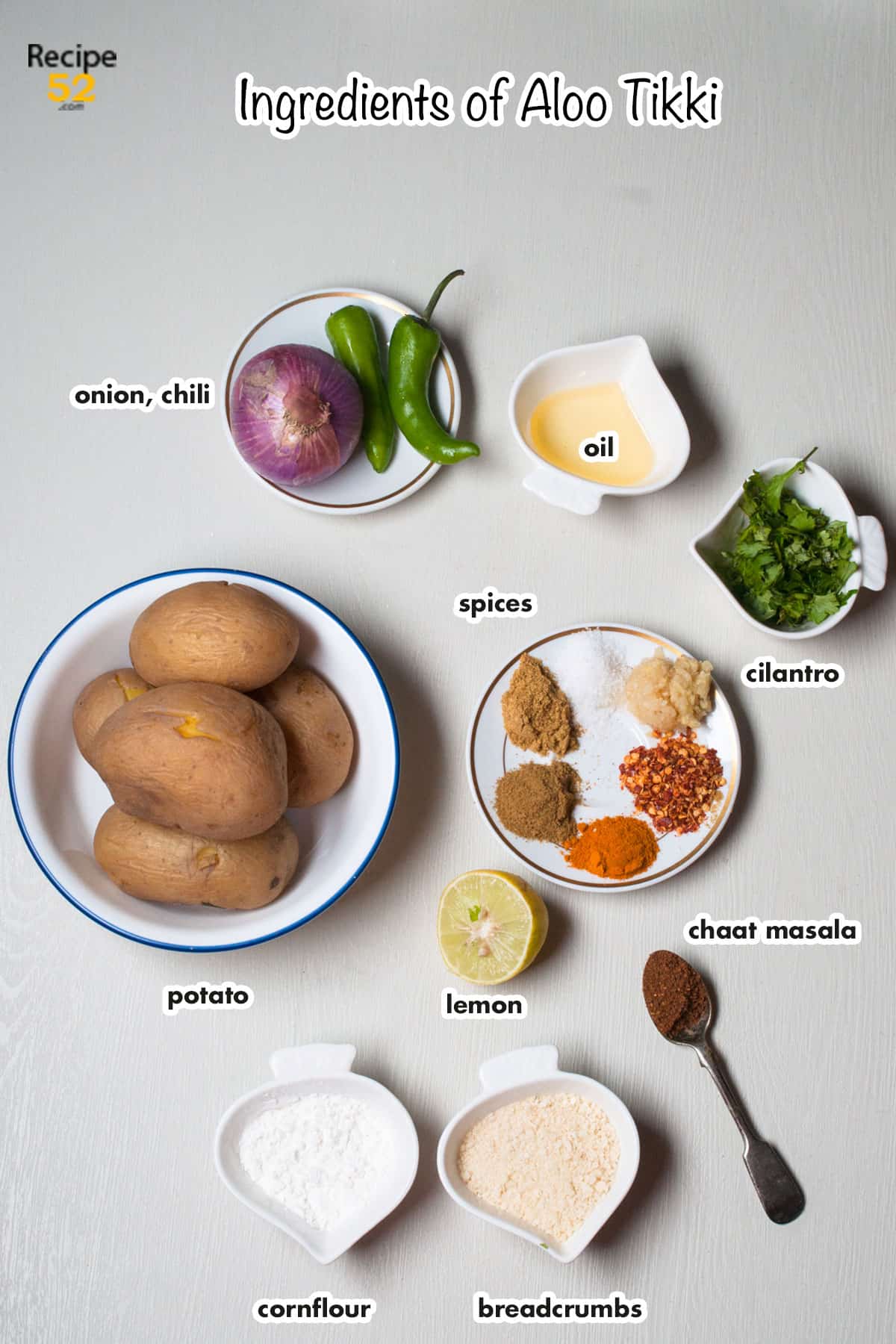 Ingredients of aloo tikki on the white background.