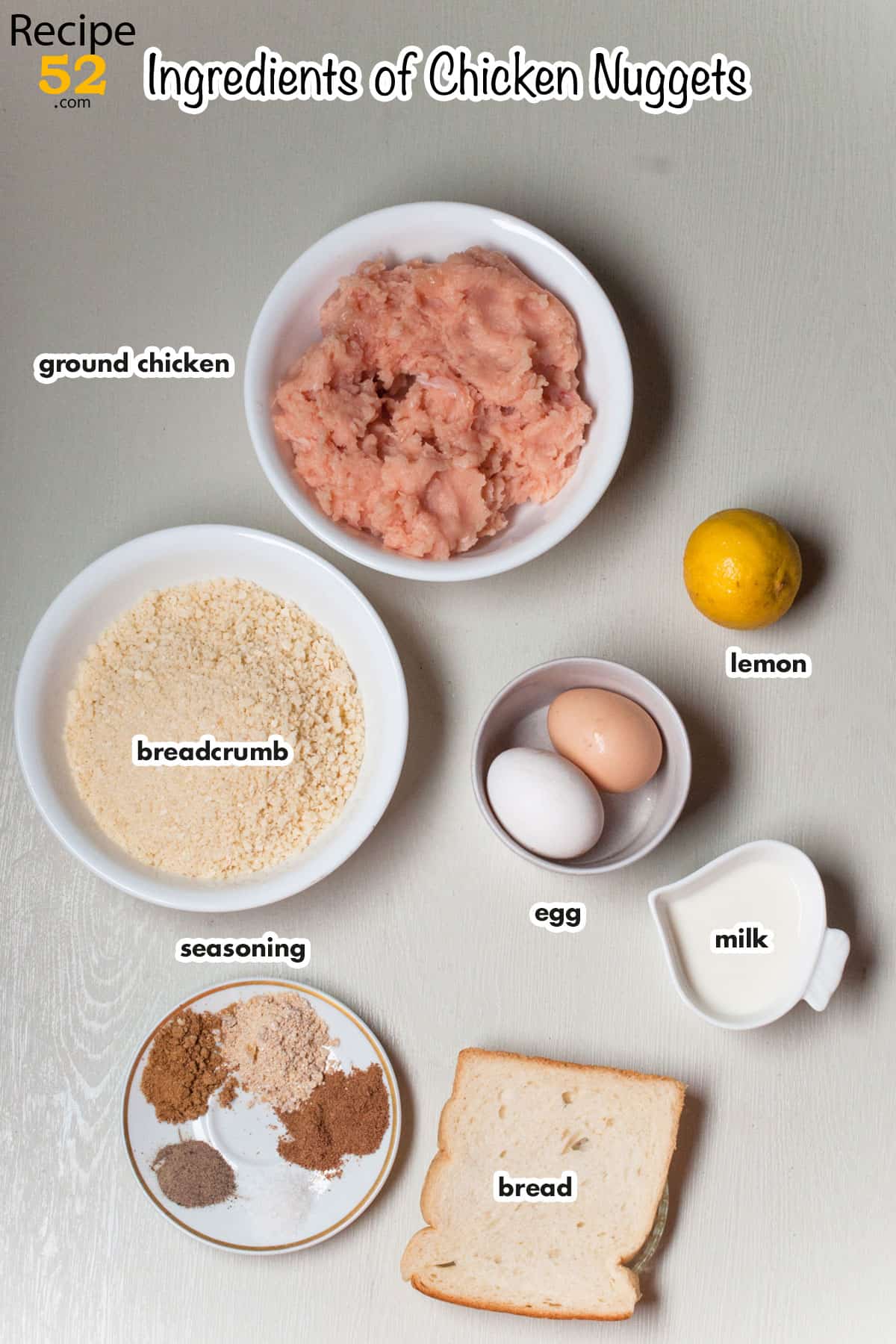 Ingredients to make chicken nuggets.
