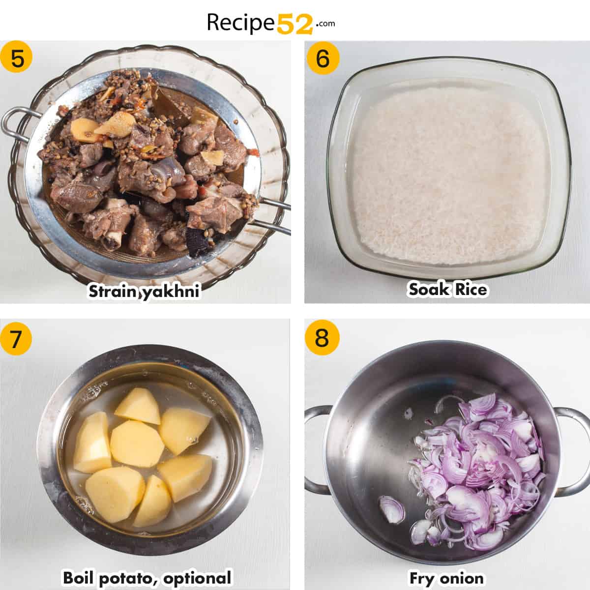 Step to soak rice, boil potato and strain yakhni.