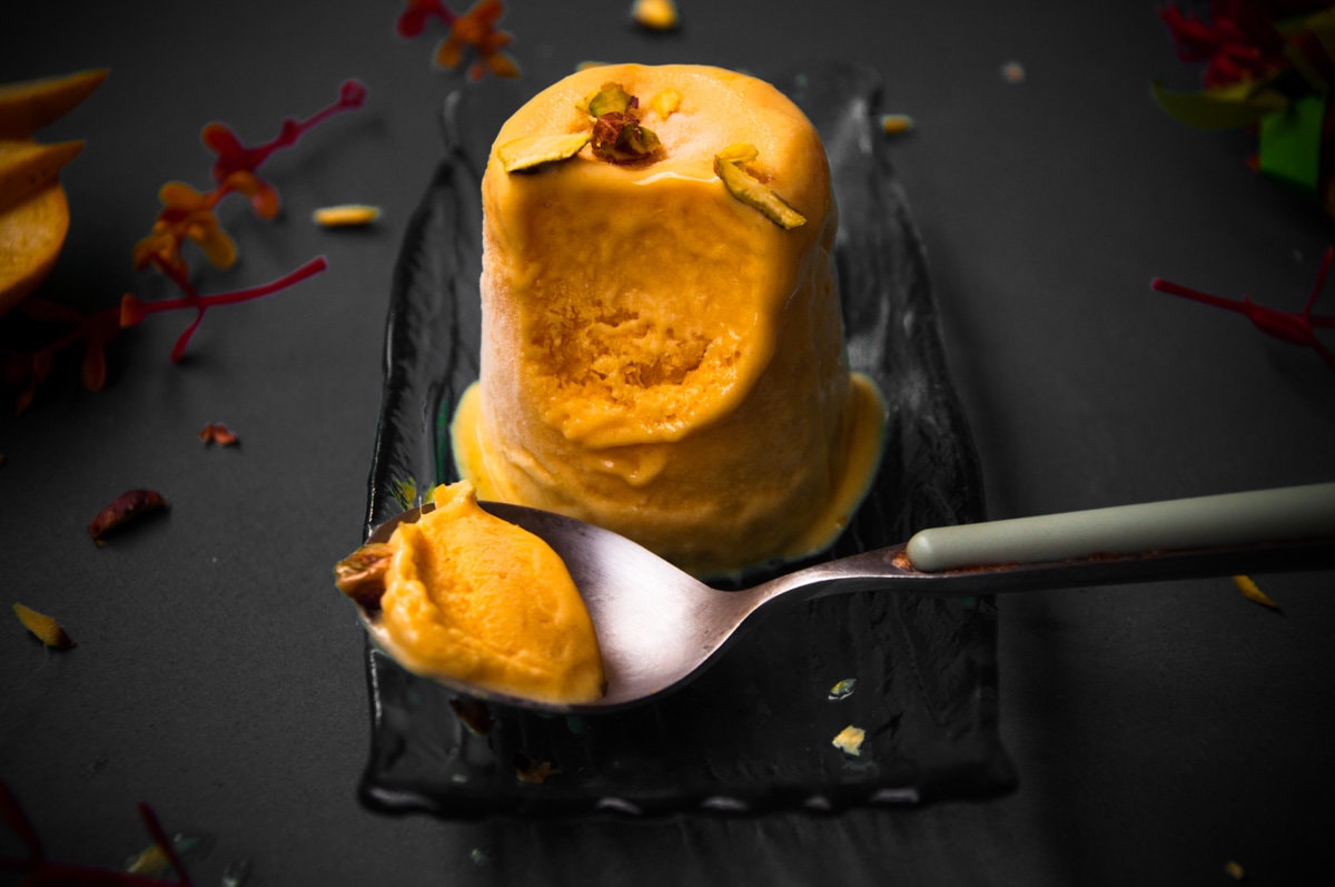 Close up shot of mango kulfi.