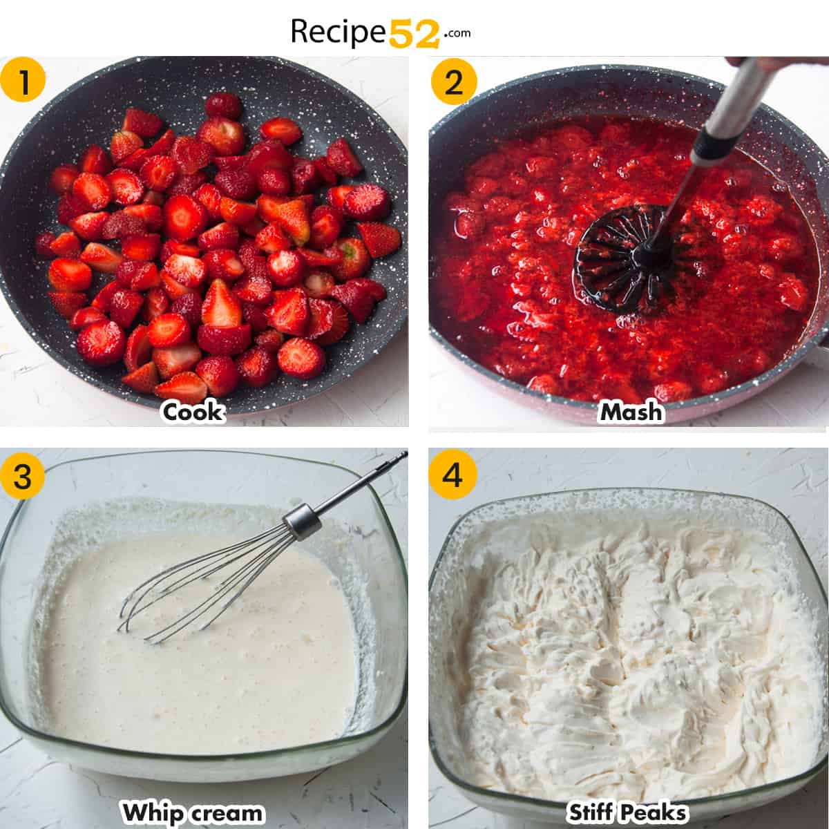 Steps to cook and mash strawberries. and whip cream.