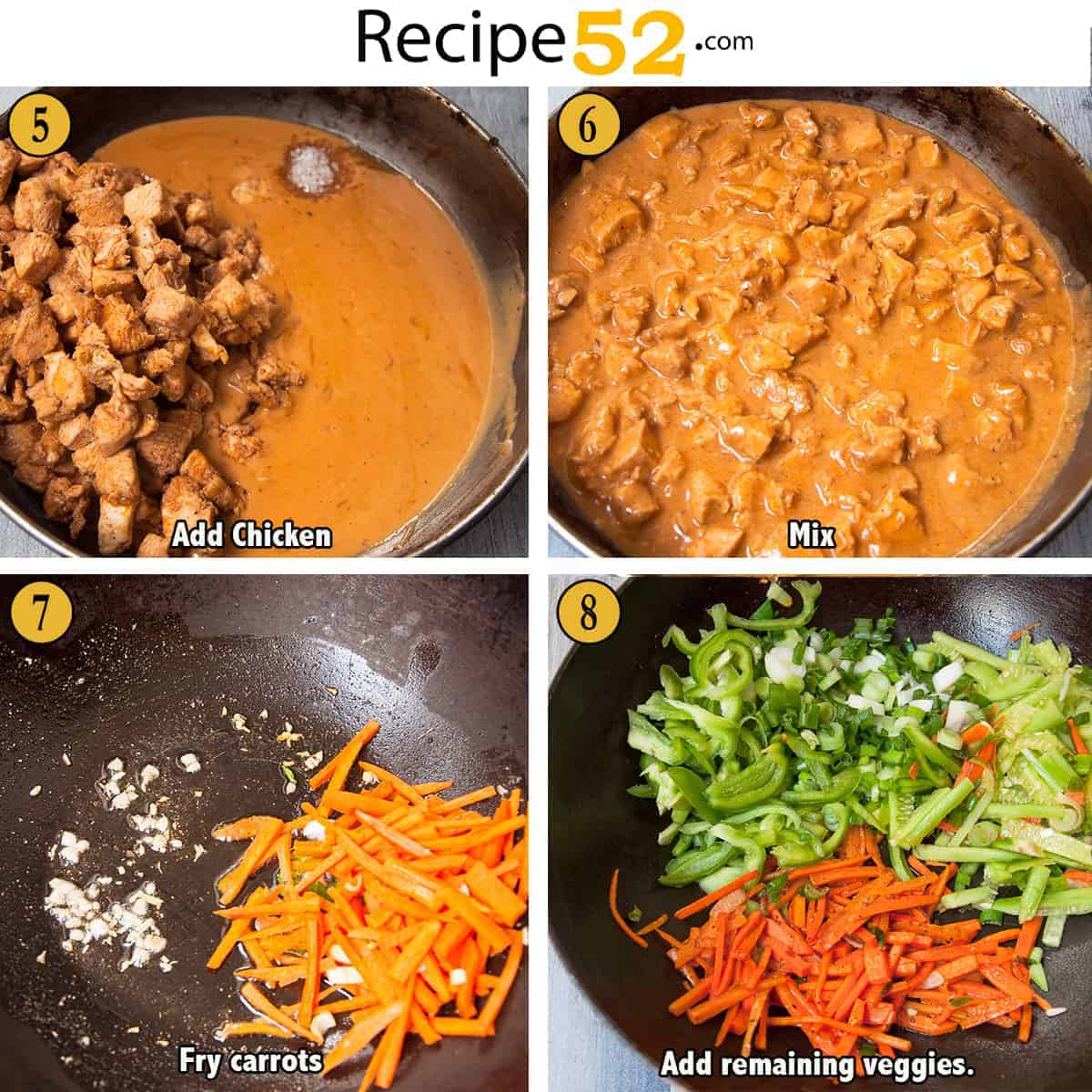 Steps to add cooked chicken to the sauce and stir fry vegetables.