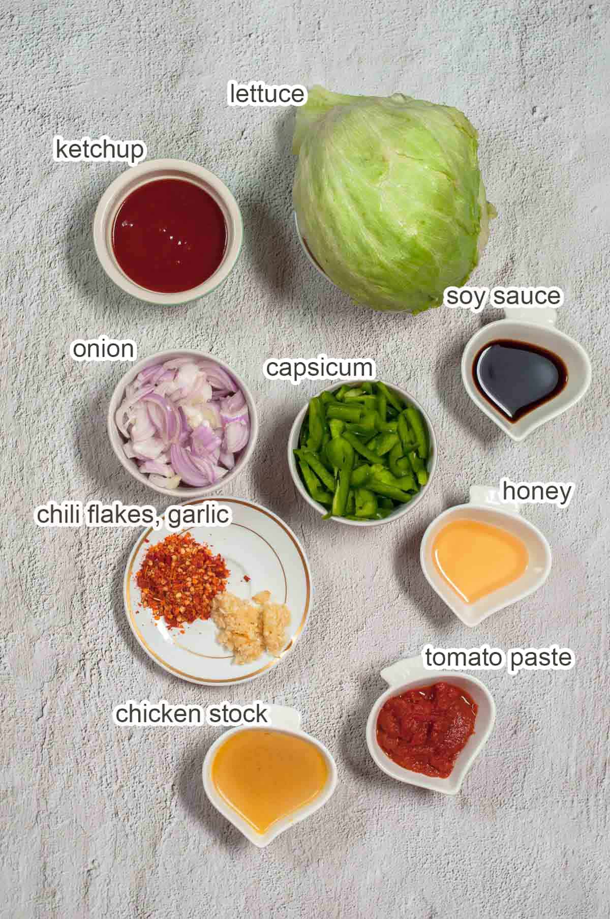 Ingredients of sauce and lettuce wrap.