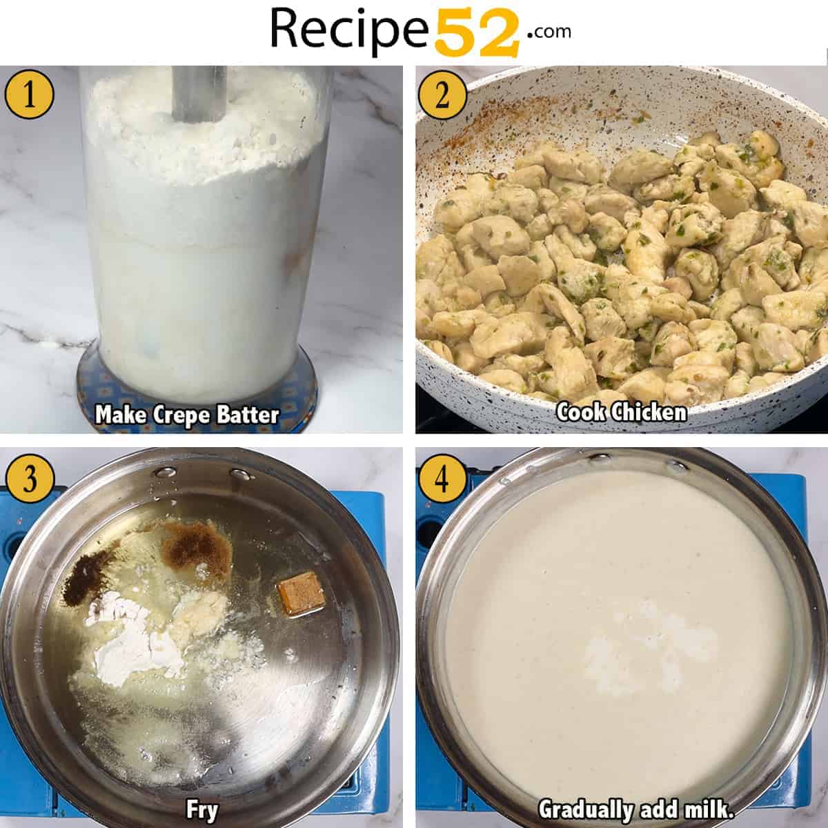 Steps to make batter, cook chixken and make white sauce.