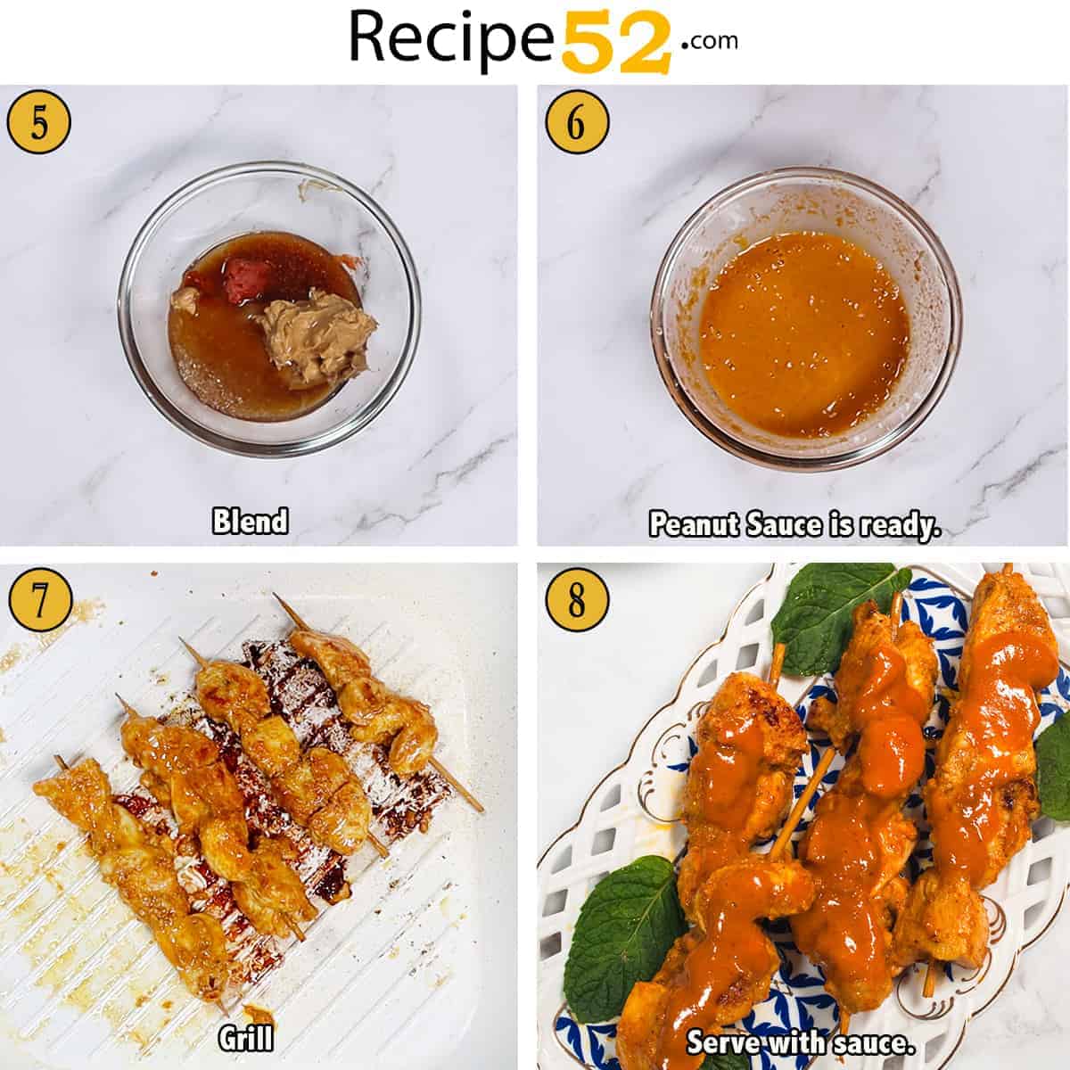 Steps to grill chicken satay on skewers and make peanut sauce.