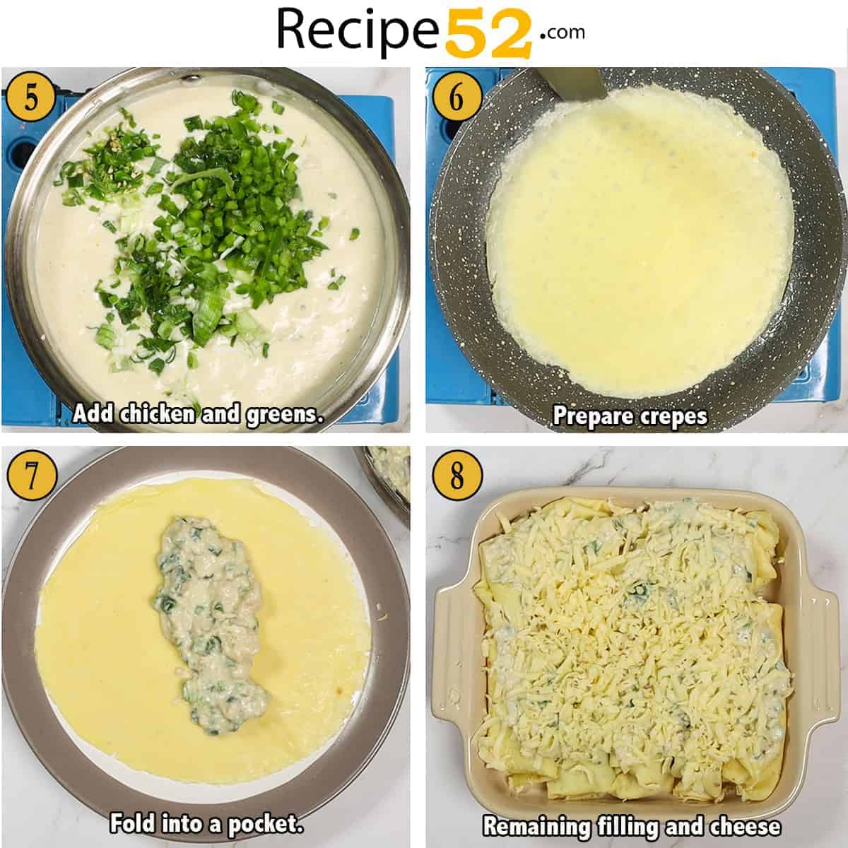 Steps to make crepes and fold it into a cheesy casserole.