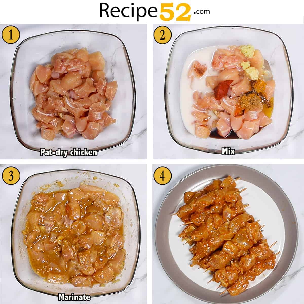 Steps to marinate and thread chicken in to skewers.