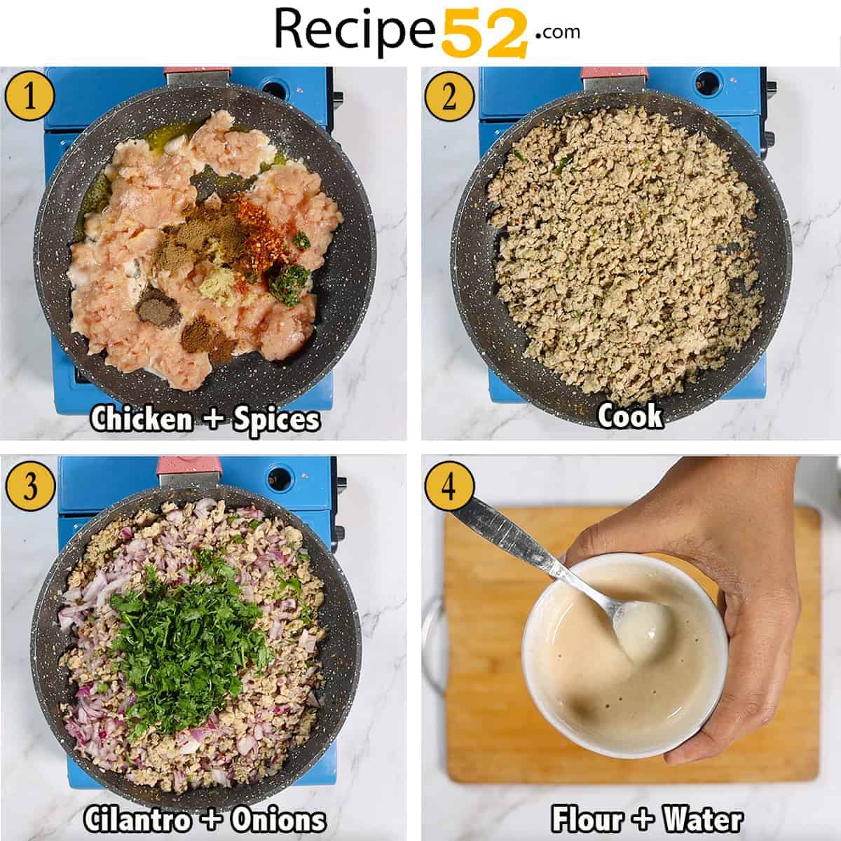 Steps of cooking chicken filling.