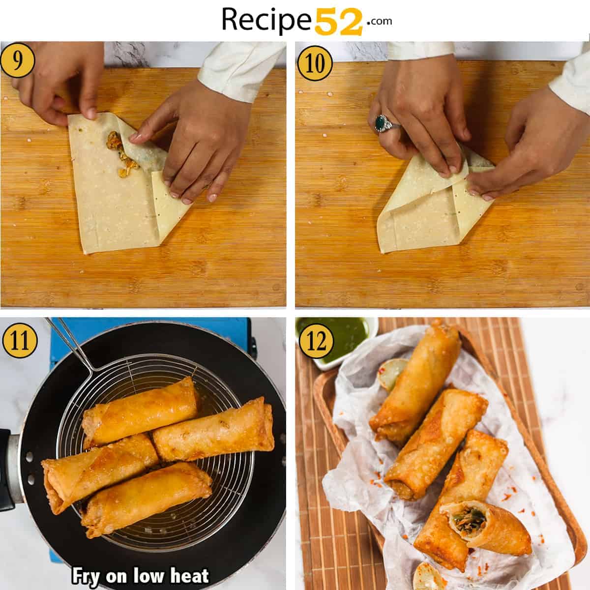 Steps to roll and fry chicken egg rolls.