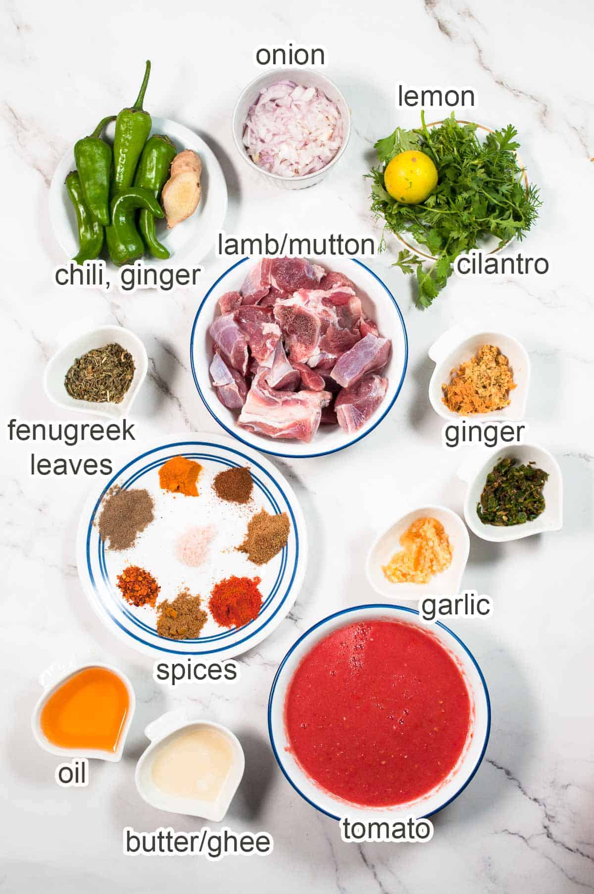 Ingredients of Lamb karahi gosht.