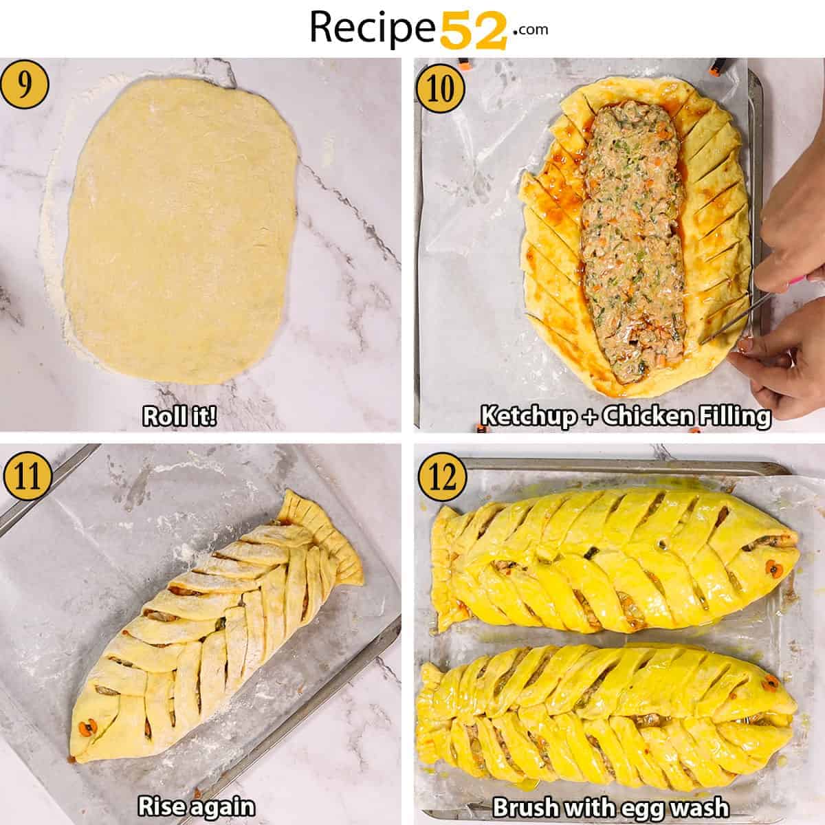 Steps to assemble chicken bread.