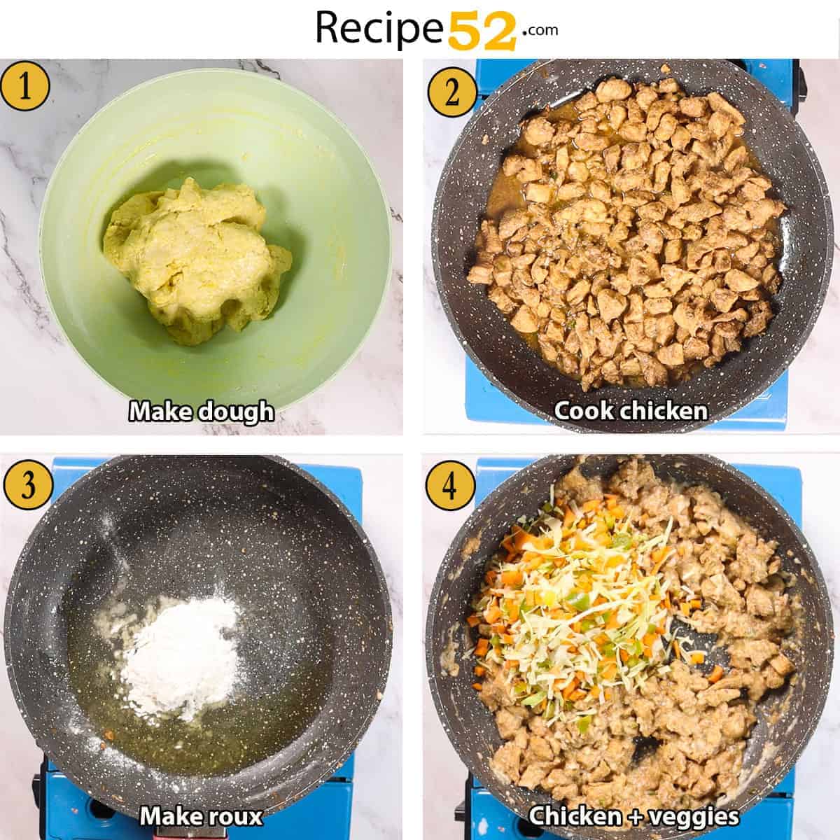 Steps to make chicken filling and dough.