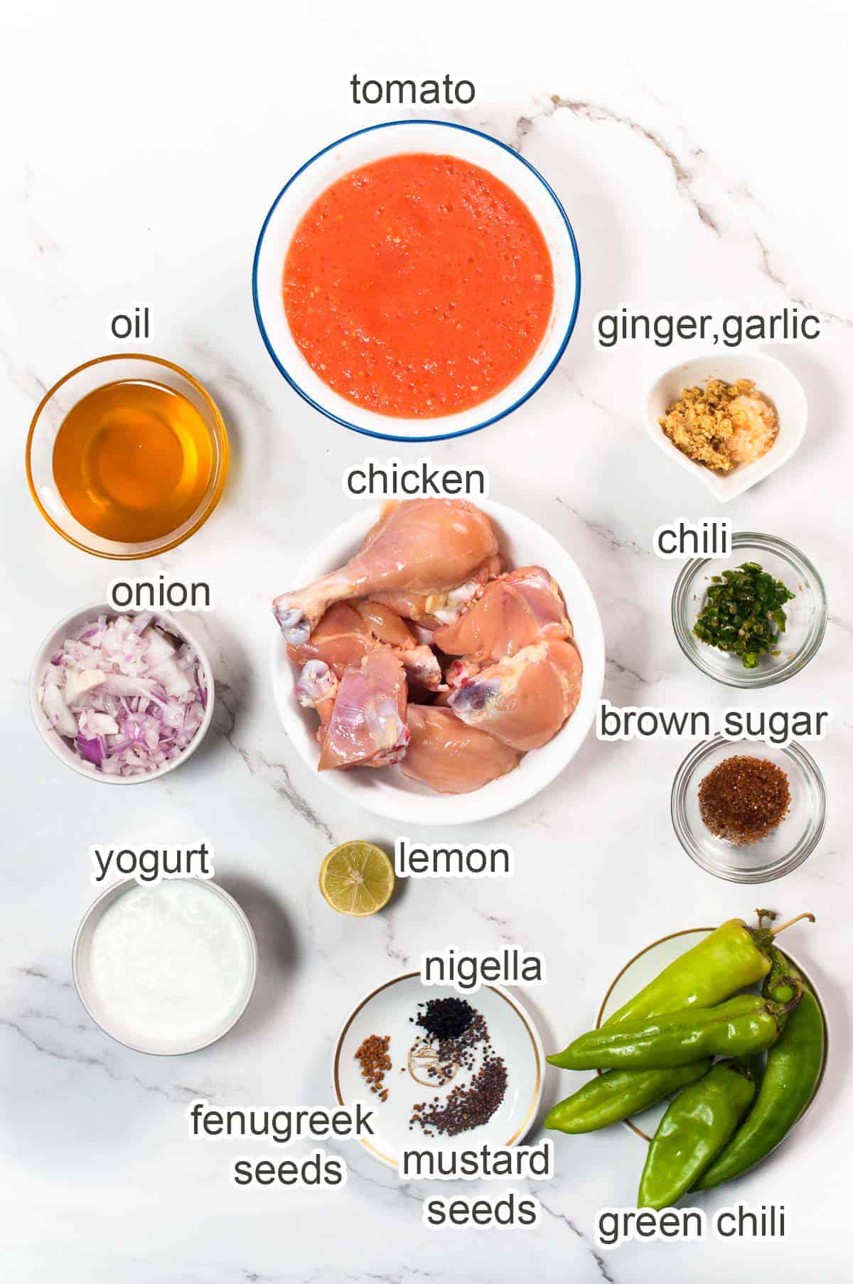 Ingredients of achari chicken.