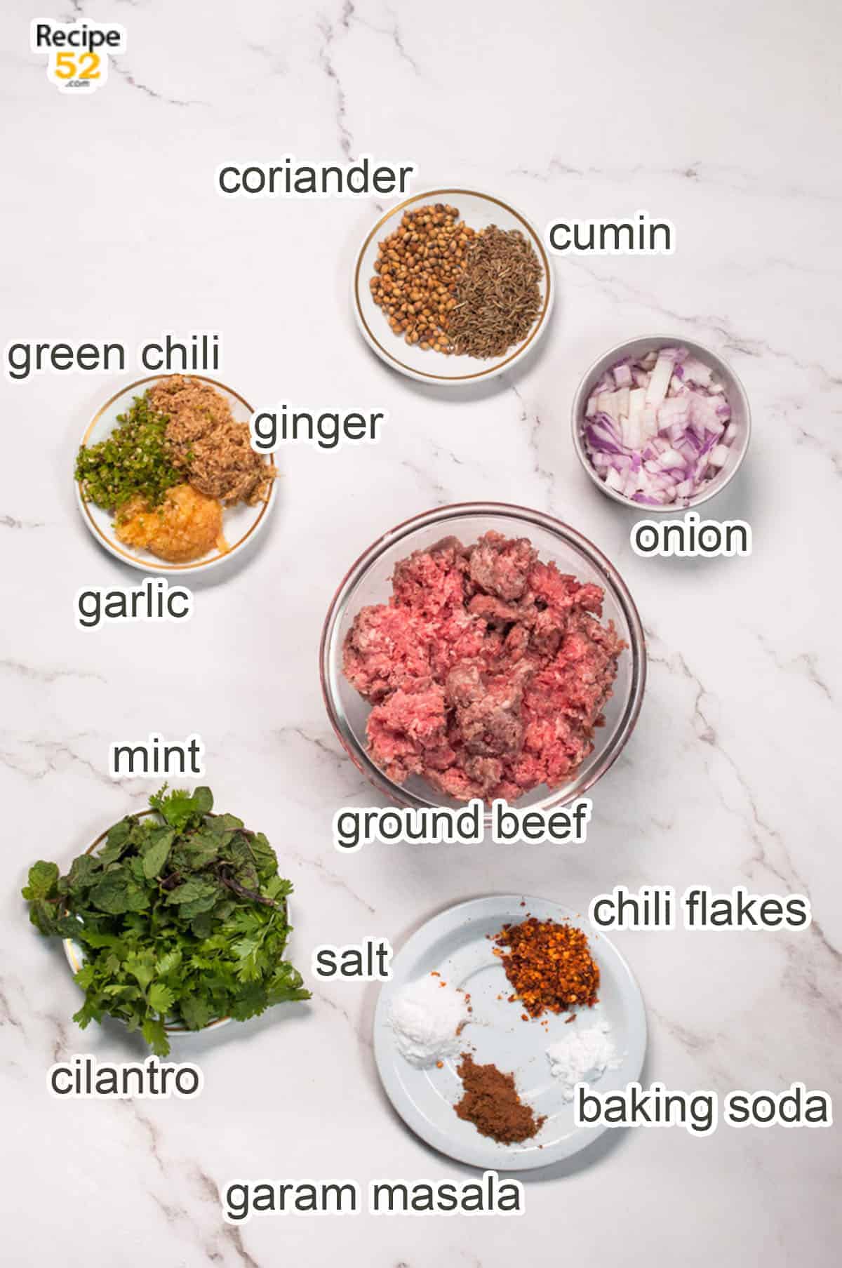 display of ingredients to prepare seekh kebabs