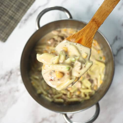 Chicken pasta in a pot a small serving in a big wooden spoon.