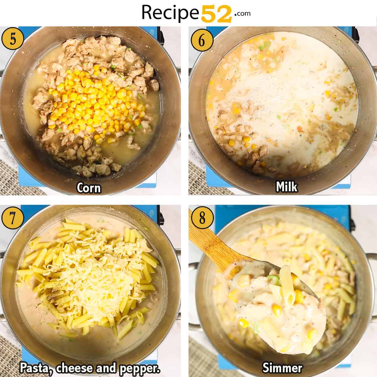 Cooking steps of chicken pasta, from 5 to 8.
