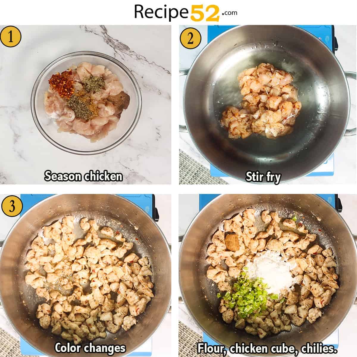 a collage of steps to make chicken pasta with white sauce.