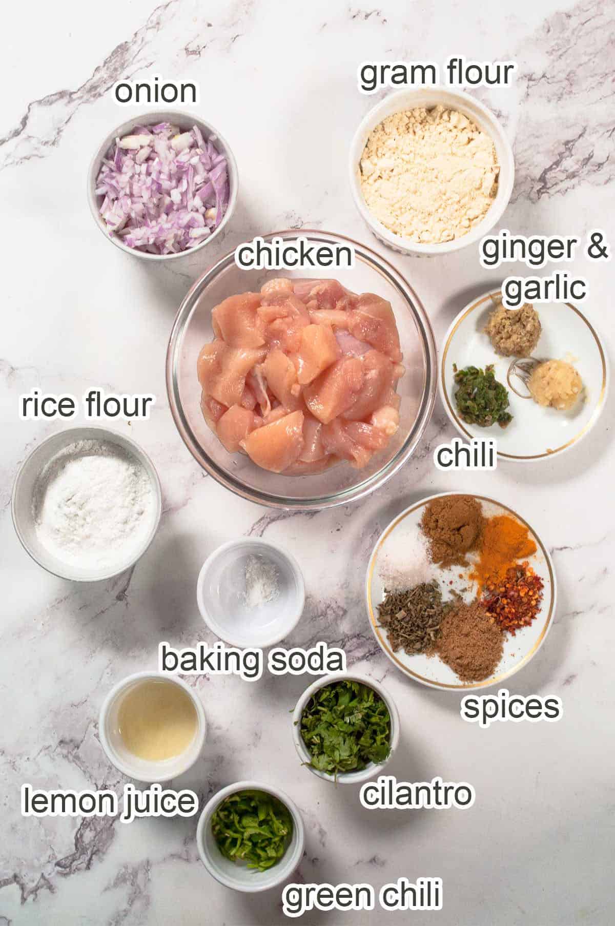 Display of chicken pakora ingredients.