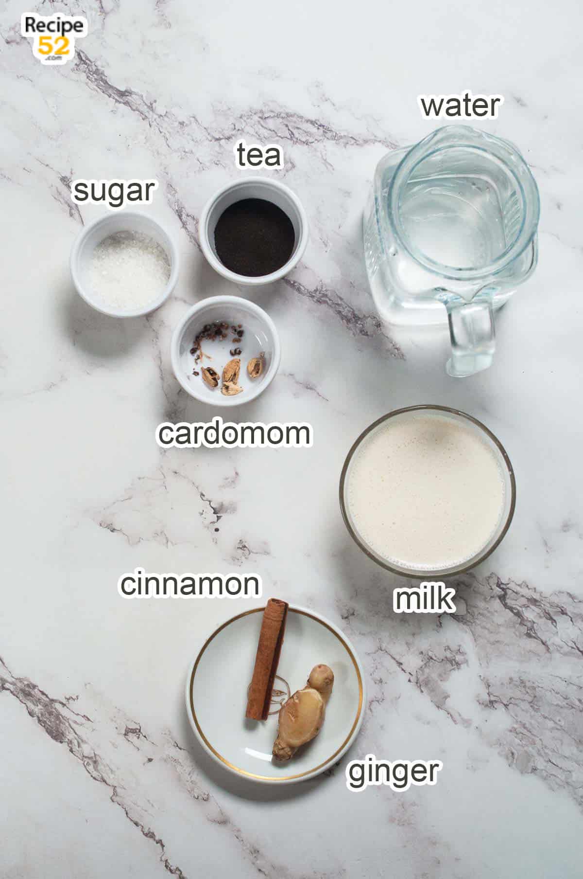 Display of karak chai ingredients.