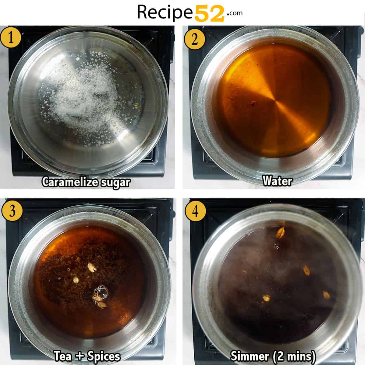 4 steps image to make karak chai..