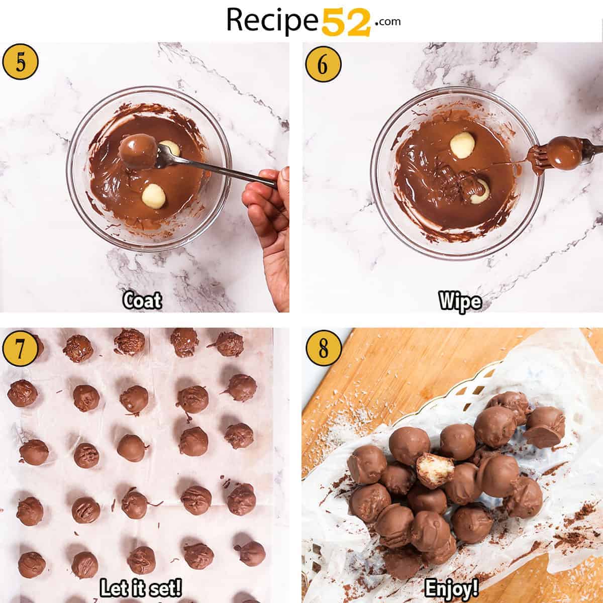 Steps of coating of the balls in chocolate.