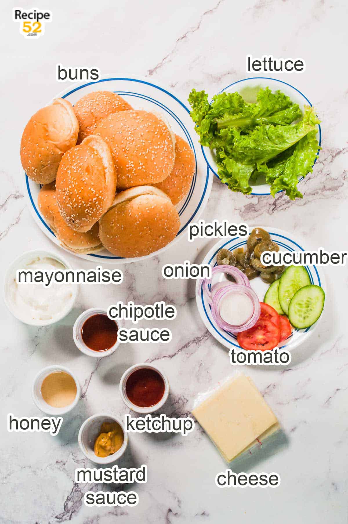 Display of assembling ingredients for chicken sandwich.