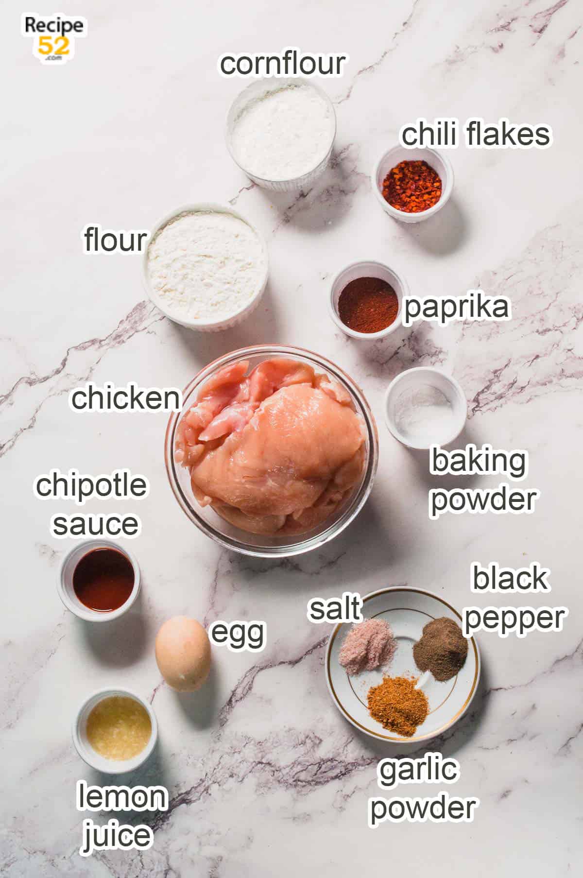 display of ingredients used in chicken sandwich.
