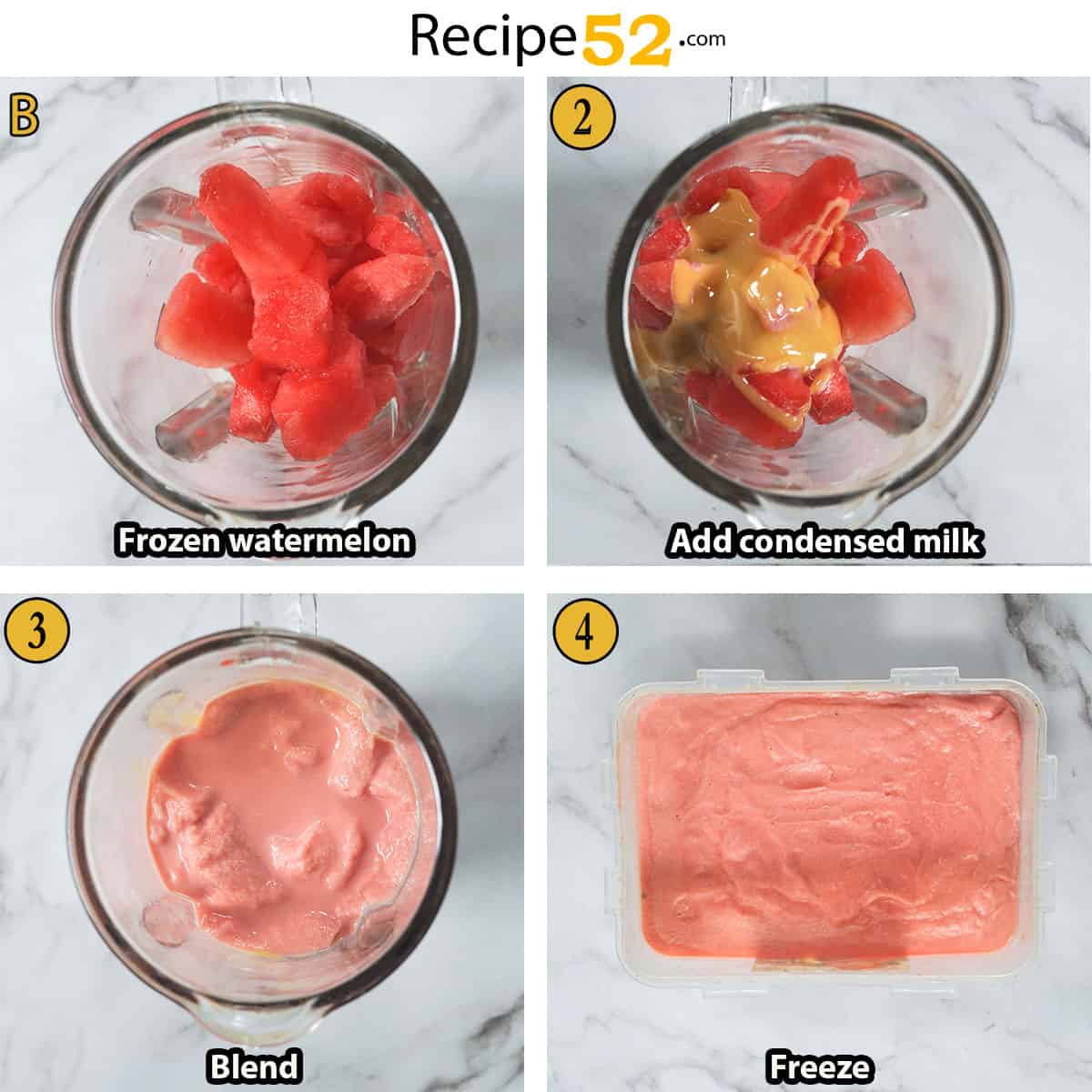 Steps collage for making watermelon ice cream.