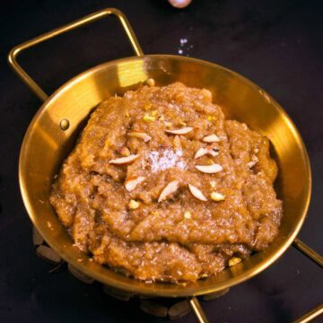 Lachko halwa served in a copper dish.