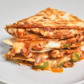 Stacked bbq chicken quesadilla picture.