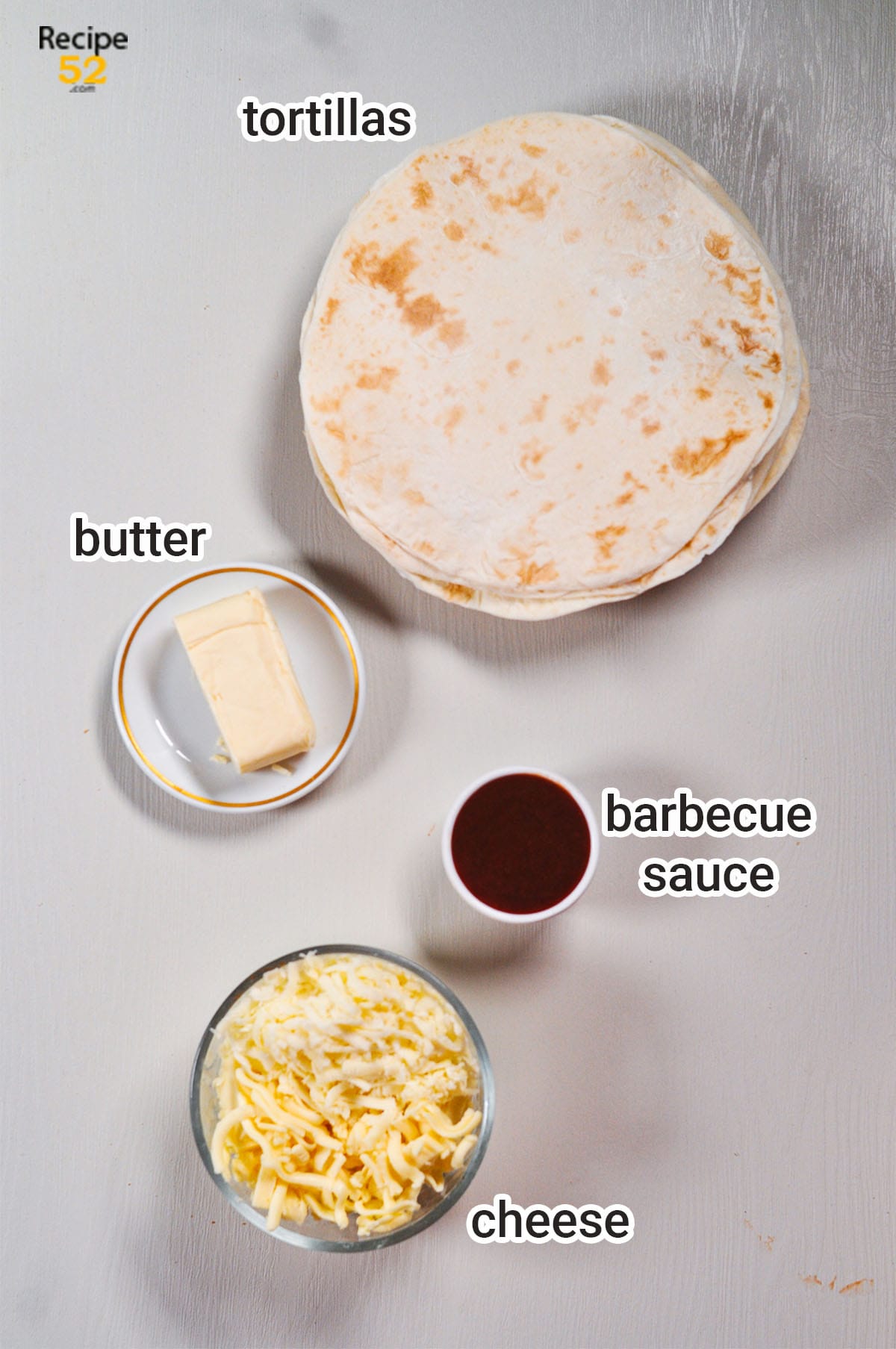 Ingredients to make bbq chicken quesadilla
