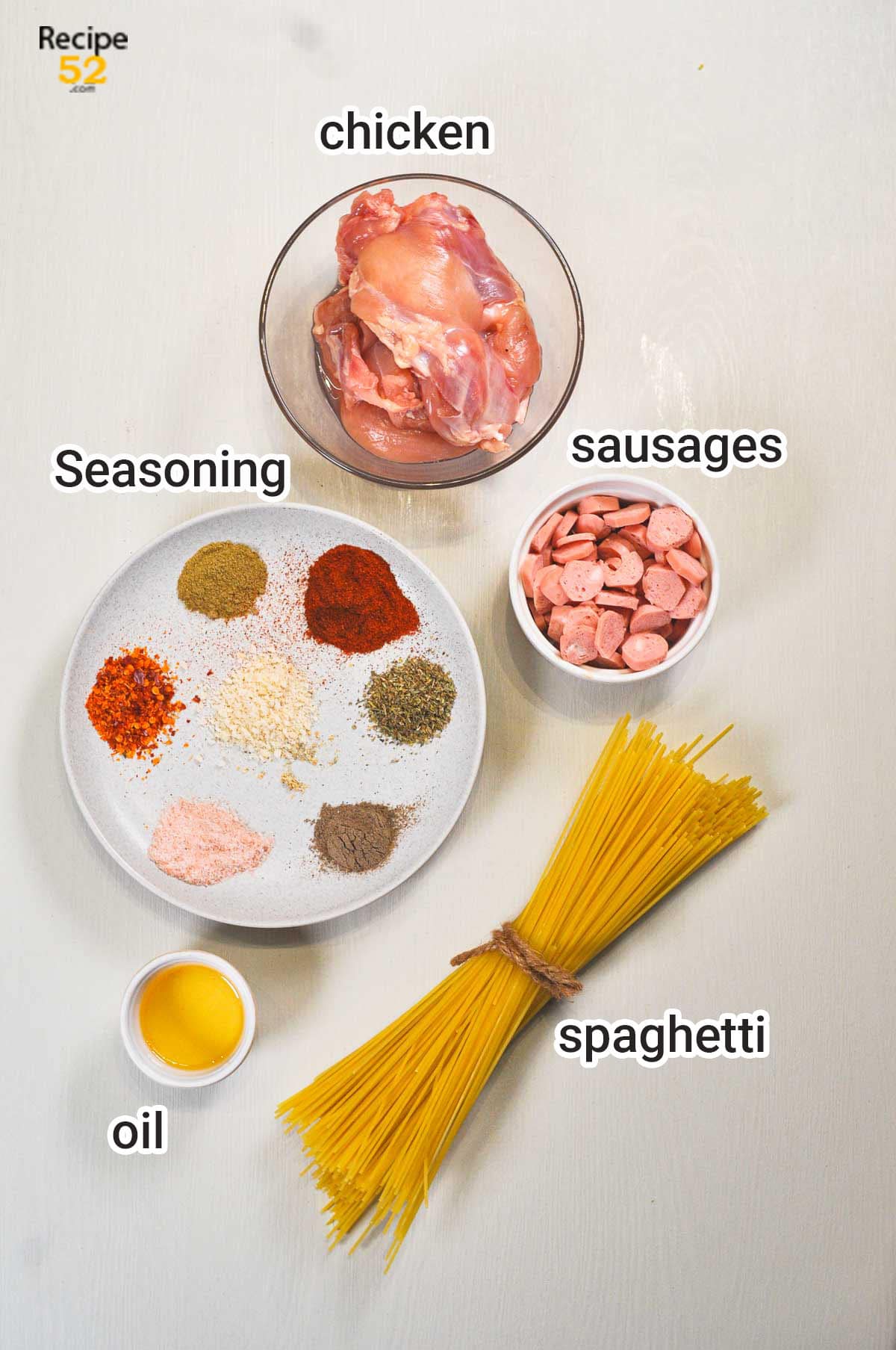 Ingredients to make this saucy pasta recipe.