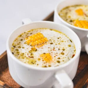 Close up shot of corn cob soup.