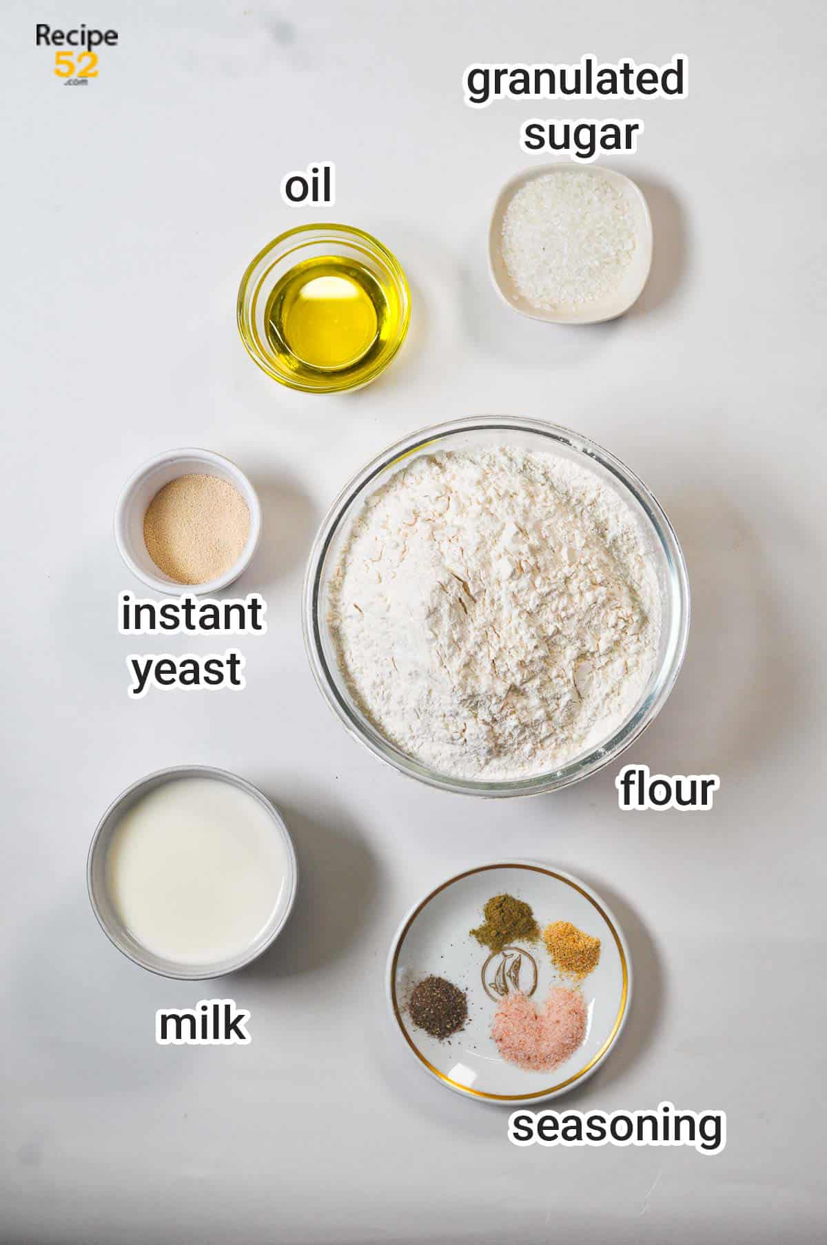 Ingredients for homemade pizza dough.