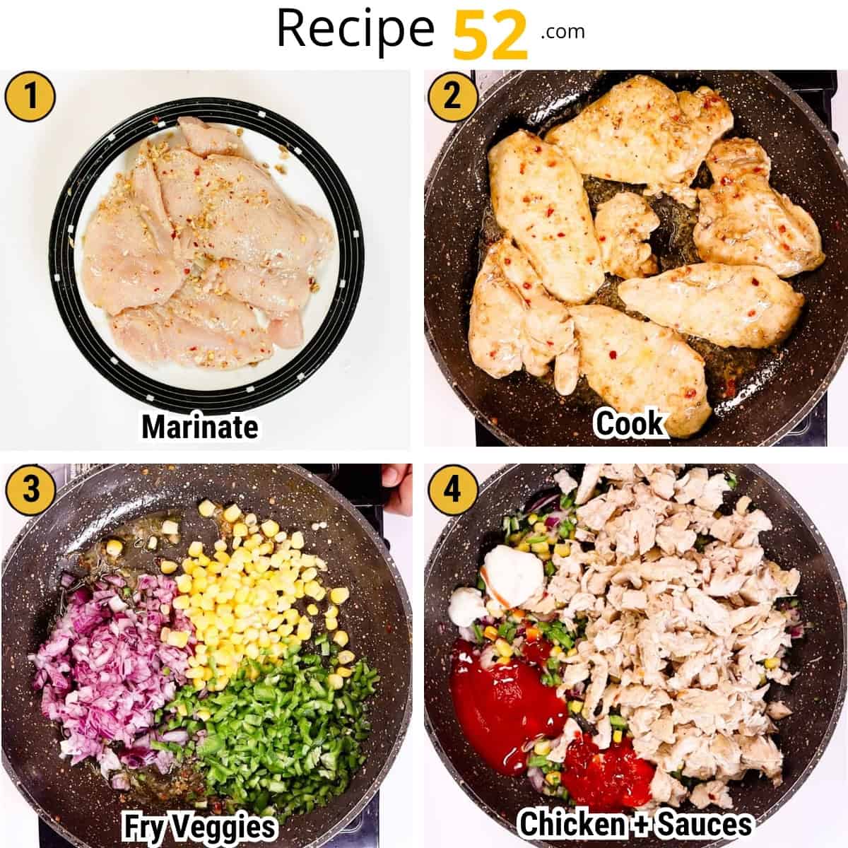 Steps image to make the chicken filling for box patties.