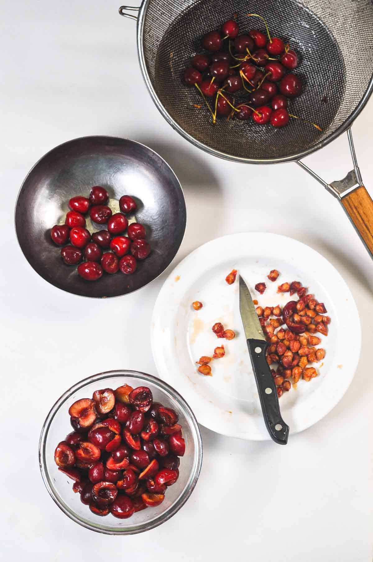Step-by-step prep of fresh cherries: rinsing, pitting, and halving for cobbler